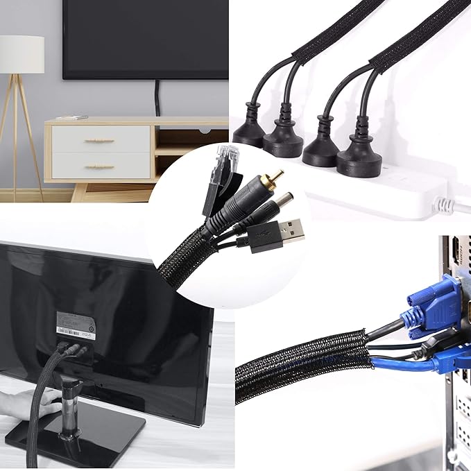 CrocSee 10ft - 1/2 inch Braided Cable Management Sleeve Cord Protector - Self-Wrapping Split Wire Loom for TV/Computer/Home Theater/Engine Bay - Black