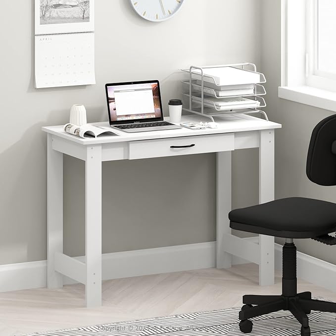 Furinno Jaya Writing Desk with Drawer, White | Computer Desk with H-legs, Writing Desk, Office Desk for Home Office, Study Room, Dorm, Bedroom