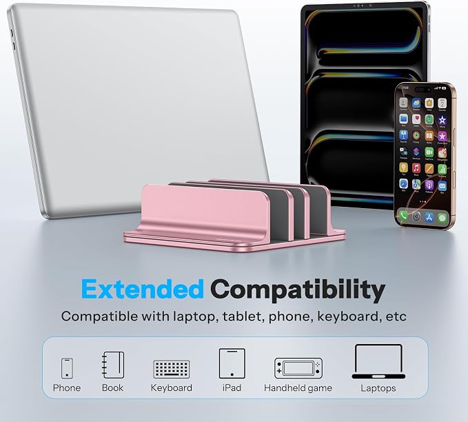 OMOTON 3-Slot Multiple Vertical Laptop Stand, Fits MacBook, Rosegold | Adjustable Width 0-1.38", Aluminum Office Space-Saving for Desk, Fits MacBook/Book/iPad Up to 17.3in