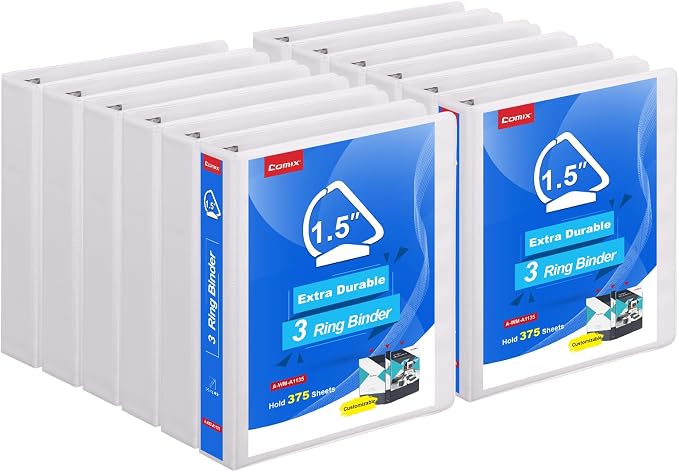 COMIX Heavy Duty 1 1/2 inch Slant-D Ring View Binder, 1.5 inch 3 Ring Binders, Hold 350 Sheets of 8.5" x 11" Paper, 12 Pack (White)