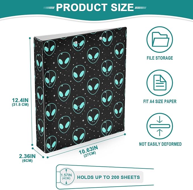 Blue UFO Alien 3 Ring Binder 1.5 Inch 2 Pack with 200 Sheet for Kids School Supplies Women Men Office