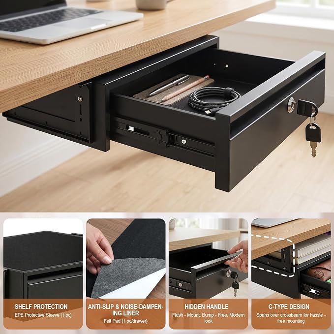 16in Under Desk Drawer with Lock Pull Out Storage Organizer | Carbon steel under desk drawer with lock,smooth slide rails, adjustable mounting height, supports up to 33 lb