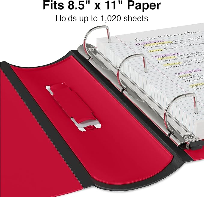 Staples Better Binder, 4 Inch D-Ring, Red, Reinforced Spine | High-capacity 3-ring view binder for school, office, and home document use.