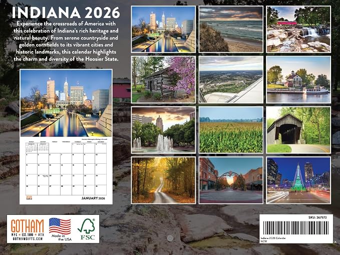 Indiana Calendar 2026 Wall 12 Month Monthly IN Scenic Souvenirs Hoosier Themed Gifts | American Made In The USA
