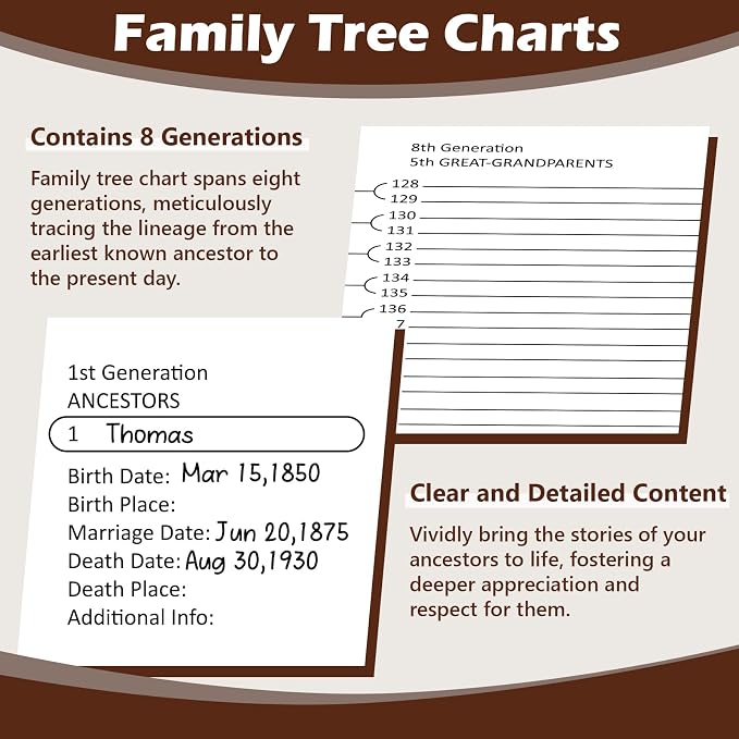 3 Ring Family History Binder 50 Sheet 12th Generation Family Group Sheets 16 Sheets Genealogy Binder Dividers Family Tree Charts to Fill in with PVC Pocket Pen Loop Brown