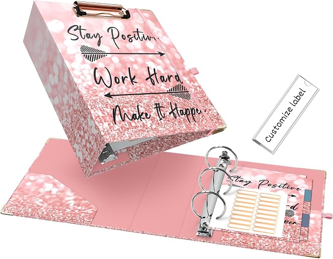 EYROZILL A5 Binder 2 Inch 3 Ring for 5.5" x 8.5" Paper with Clipboard and Pocket, Pink Mini Binders for School Office Supplies and Home, Stay Positive