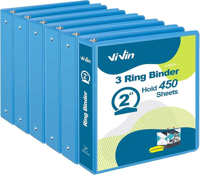 ViVin 2 Inch Round Ring View Binder for Durability, 6-Pack (Light Blue) | Standard 3 Ring Binder for 450 Sheets of US Letter Size Paper, PVC-Free, Clear Front Pocket, Office Home School Use