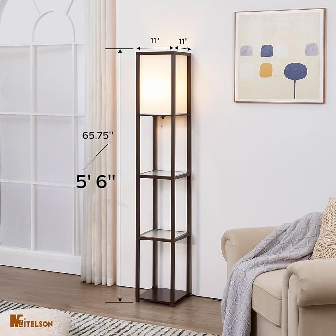 Floor Lamp with Shelves, Modern Square Standing Lamp with Glass Shelves, Corner Display Shelf with Light, Tall Lamp with Shelves for Living Room, Bedroom, Office, Bookshelf, Brown