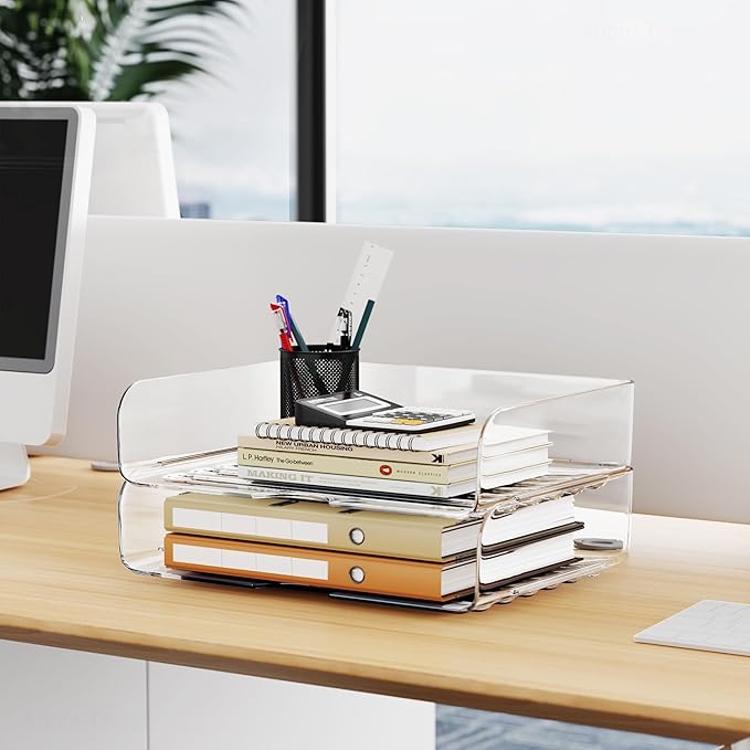 Tomorotec 2 Pack Clear Stackable Letter Tray, A4 Desk File Organizer Set | Durable PET Anti-Skid Base for Home, School or Office Document Paper Storage, Side Load Access, 2-Pack
