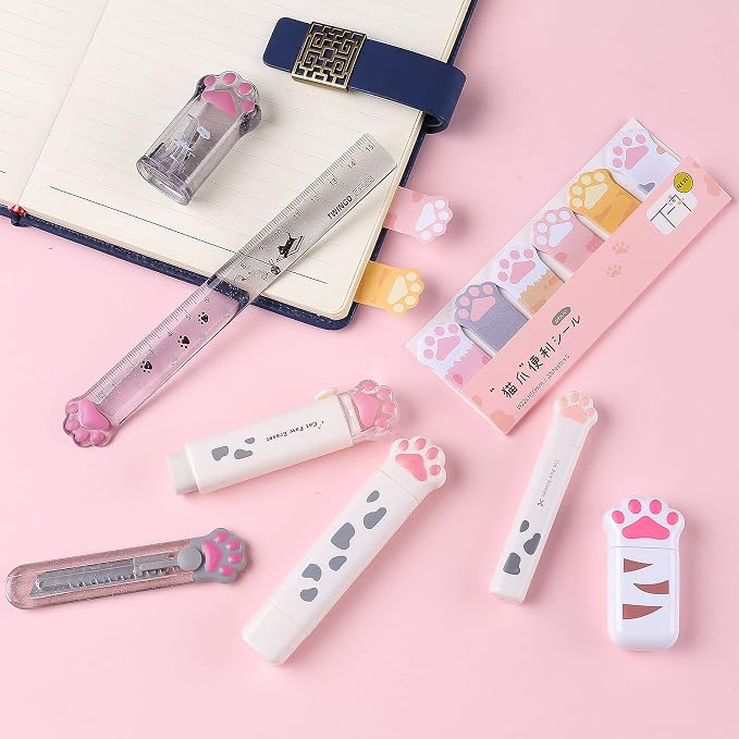 8 Pcs Cute Cat Paw Stationery Set Kawaii School Supplies Including Pencil Sharpener Retractable Eraser Correction Tape Sticky Notes Ruler Mini Scissors Utility Knife for Cat Lovers Students (White)