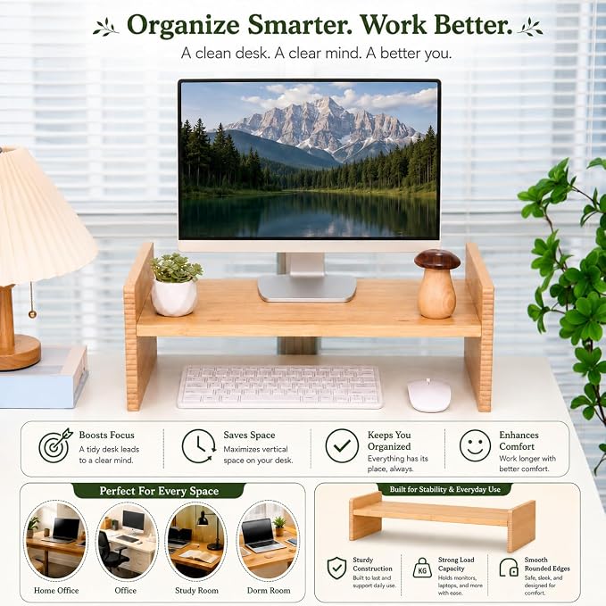 Bamboo Monitor Stand for Desk, 3-Level Adjustable Monitor Riser, Wooden Desktop Shelf Organizer, Portable and adjustable Laptop Stand for Desk, Macbook stand and Computer Tower Stand, TV Riser Printer Stand, Space Saving Desk Shelf