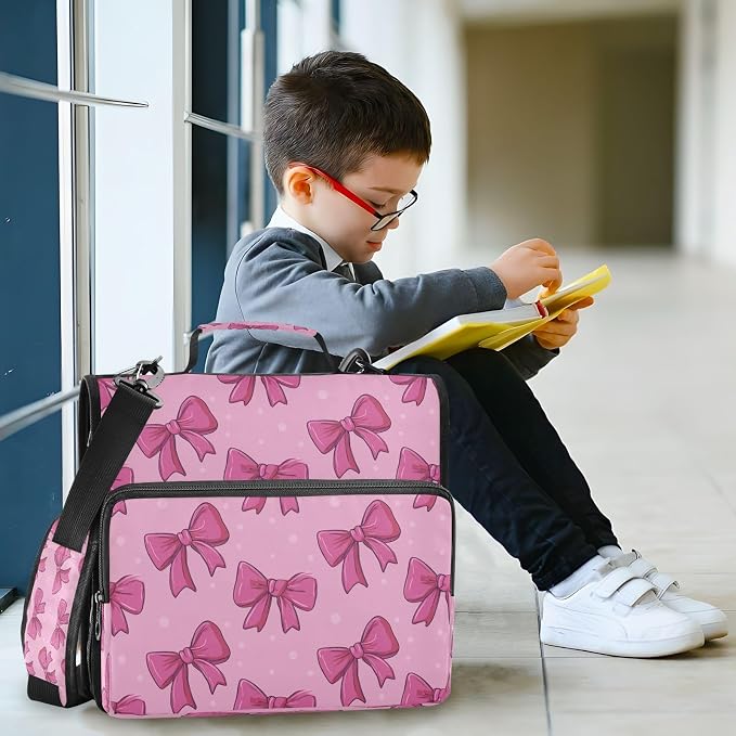 Cute Pink Bows Zipper Binder for School with Shoulder Strap & Extra Pockets - 1.5 Inch 3-Ring Binder Holds 500+ Sheets, Textbooks, Laptop
