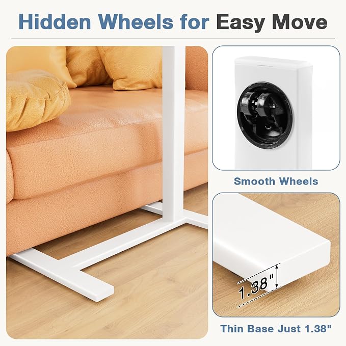 DUMOS Adjustable Bedside Overbed Table with Wheels, White | Laptop Standing Desk with Tilting Top Height, Mobile Rolling Computer Cart for Hospital Home Bedroom Use