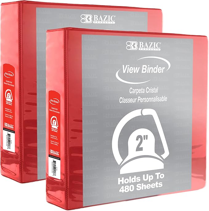 BAZIC Products 2" Red 3-Ring View Binder, Slant-D Ring, 2 Pockets, 2-Pack | 2 inside pockets, 2 in Red view 3-ring binder, slant-D rings, holds up to 480 sheets, Durable poly cover