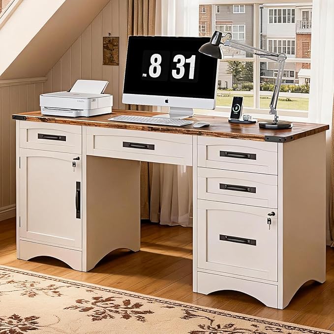 Decofy Farmhouse Executive Desk with Drawers, 55" Home Office Desks with Fast Charging Station, Lockable File Cabinet, Wood Writing Computer Desk for Work, Study, White