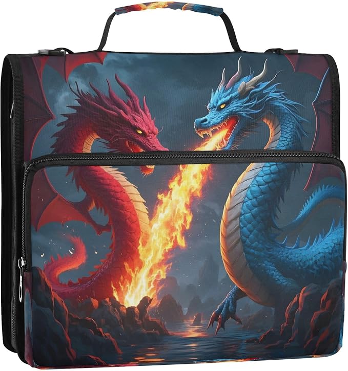 ALAZA Zipper Binder 3 Ring Red and Blue Fire Dragon Binder Organizer with Zipper and Shoulder Strap Large Capacity Multi-Pocket Trapper Keeper File Folder for Office Supplies