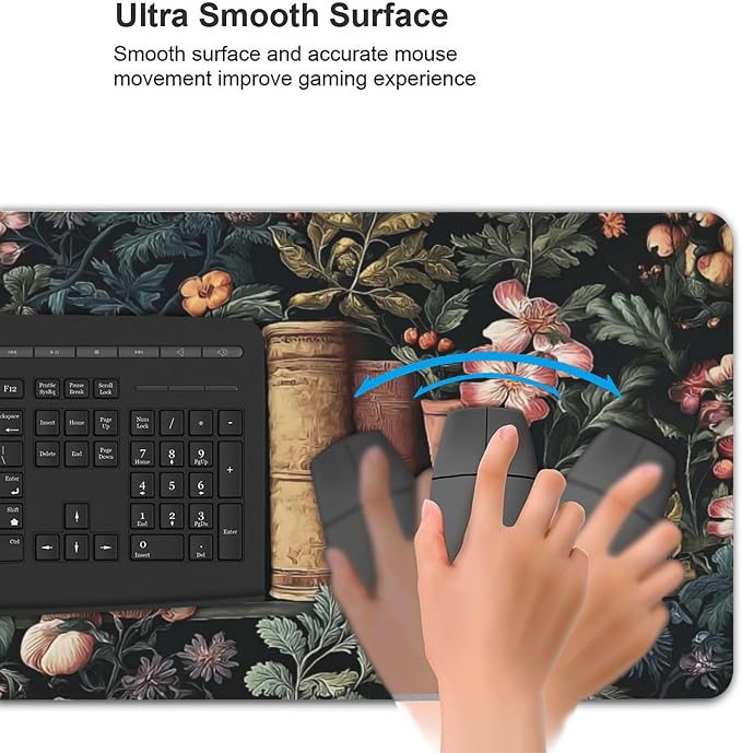 Dark Academia Desk Mat, Floral & Book Pattern XXL Mouse Pad with Anti-Slip Base & Stitched Edges, Large Desk Pad for Computer Keyboard, Office & Home Decor for Women