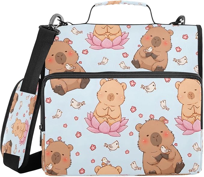 ALAZA Zipper Binder 3 Ring Cute Cartoon Capybara Lotus Binder Organizer with Zipper and Shoulder Strap Large Capacity Multi-Pocket Trapper Keeper File Folder for Office Supplies