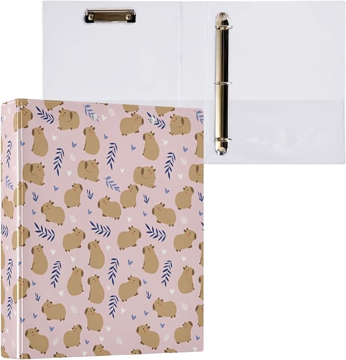 Cute Capybara Round Ring Binders 1.5 Inch Flowers Strawberry Doodle Pattern 3 Ring Clipboard Binder for Office School Work Supplies File Folder 200 Sheet Capacity