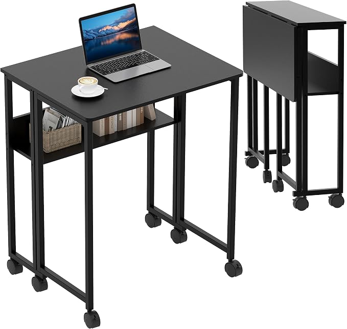 24.8" Folding Desk Rolling Desk with Storage Shelf,Space-Saving Foldable Computer Desk with Wheels,Portable Mobile Couch Sofa Side Table for Small Spaces, Home Office, Study, Easy Assembly,black