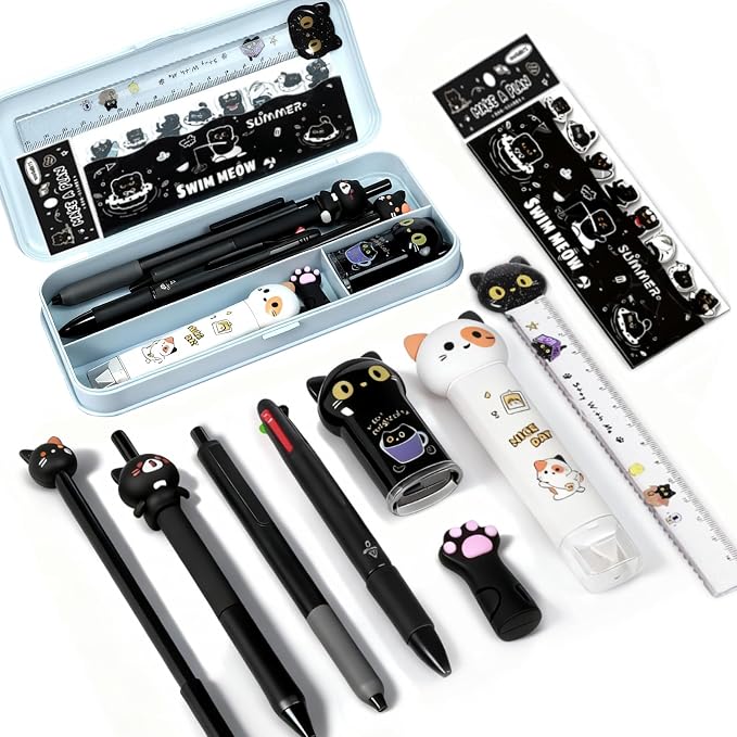 10Pcs Black Cute Cat Stationery Set Cat School Supplies | Kawaii Stationery Set with Pens, Pencil Sharpener, Highlighter, Eraser, Correction Tape and Ruler for Office and School Use