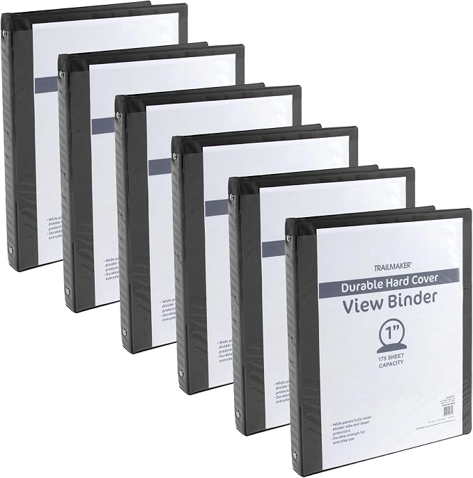 Trail Maker 1 inch Binders (50 Pack),3 Ring Hardcover Binders in Bulk with Clear View Cover, Pockets for Classroom, Office, Portfolios | Bulk School, Teacher, Office Supplies (Black Only Pack)