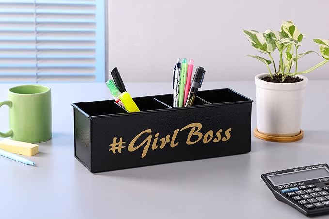 DUDKI HOME QUINTESSENTIALS 4 Compartments Pen Holder and Makeup Stand - Gift Office Desk Accessories Décor Storage Multi-functional Pen Organizer for Countertop Desk