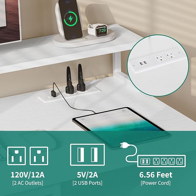 DWVO 47" Office Desk with Drawers, Monitor Stand, Power & LED, White | Built-In Power Outlets, Led Light, Monitor Stand, Storage Space, For Home Office Study, Easy Assembly