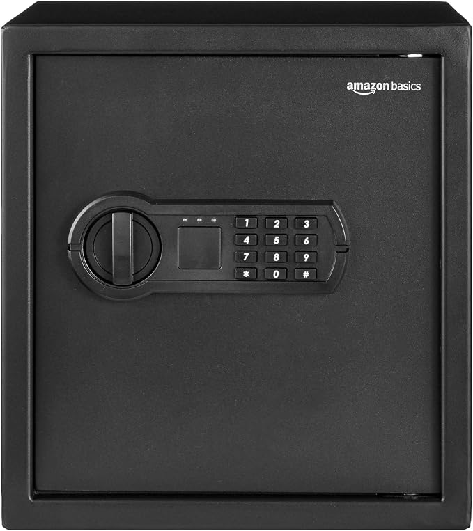 Amazon Basics Steel Home Security Electronic Safe with Digital Keypad, Programmable Lock for Important Documents, Jewelry, Valuables, 1.2 Cubic Feet, Black, 13"W x 13"D x 14.2"H