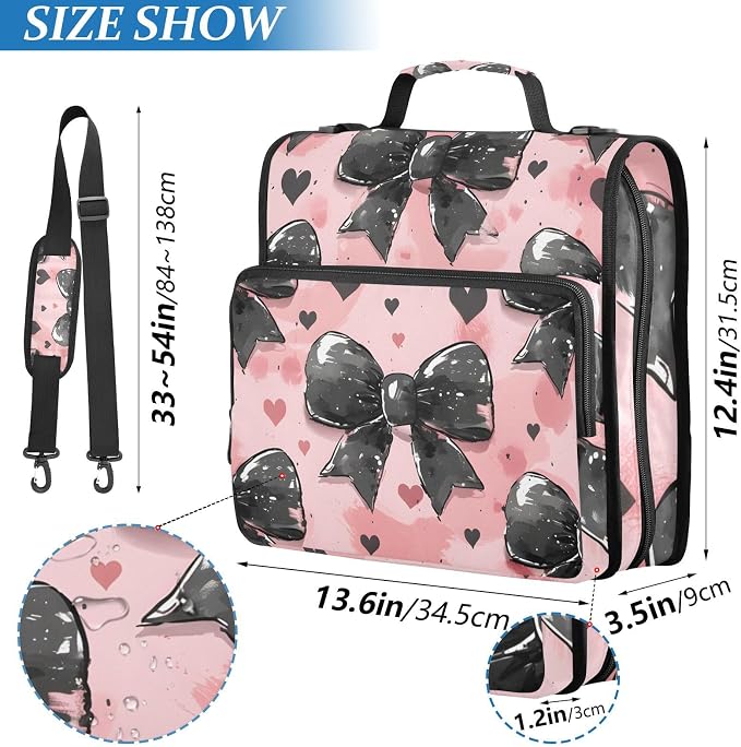 3 Ring Zipper Binder with Shoulder Strap Black Bow Heart Pink 2 Inch Zippered Binder Bag 500 Sheet Capacity Multi Pockets for School Supplies