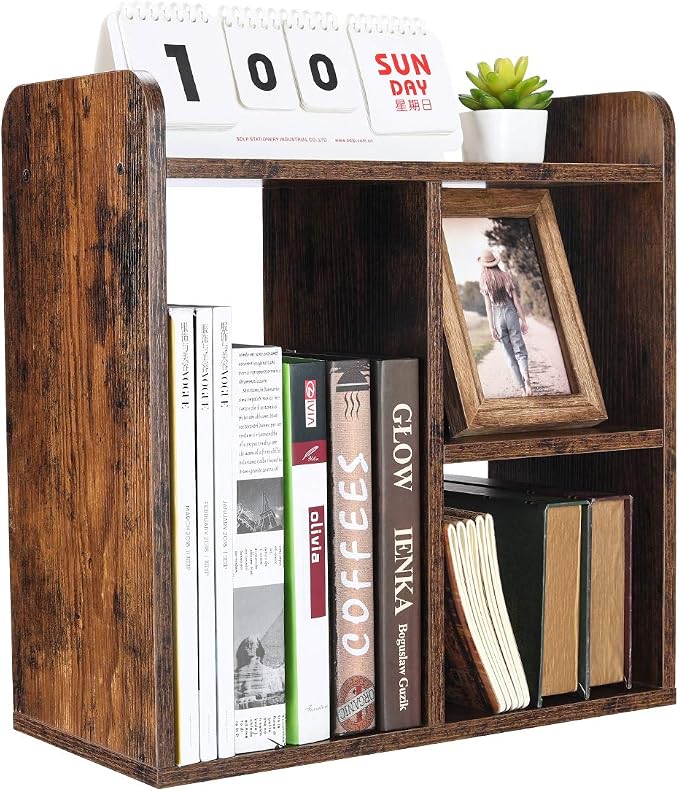 Desktop Shelf Freestanding Wood Small Bookshelf Desk Supplies Organizers and Accessories Storage Display Rack Office Decor for Women, Antique Brown