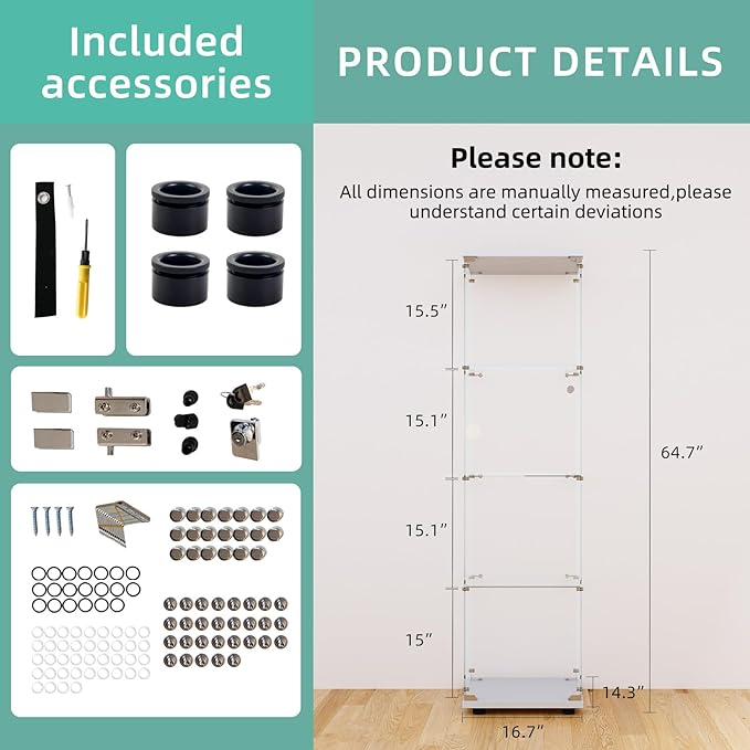 FLYMUHJIA Curio Cabinet Glass Display Case for Collectibles with 4-Shelf Display Shelves, 64.2'Hx16.9''Lx14.6''W White