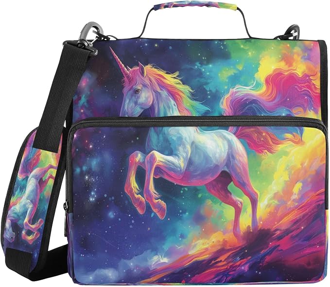 ALAZA Zipper Binder 3 Ring Colorful Unicorn Galaxy Binder Organizer with Zipper and Shoulder Strap Large Capacity Multi-Pocket Trapper Keeper File Folder for Office Supplies