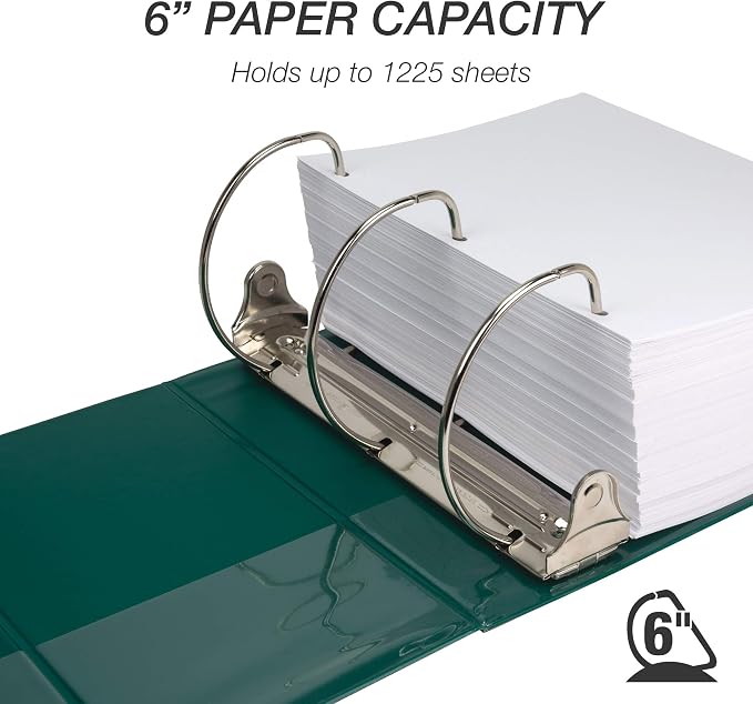 Samsill Durable 6 inch 3 Ring Binder, Locking D Ring Binder, Customizable Clear View Cover, Green, 6-Pack, Holds 1225 Pages