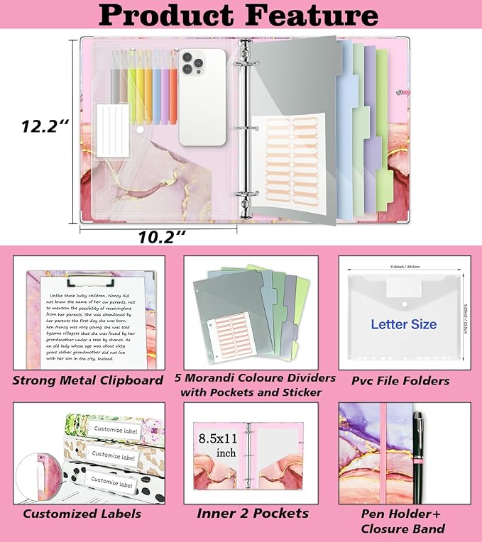 3 Ring Binder 1 Inch, Three Ring Binders Organizer with Clipboard, 5-Tabs Pockets Dividers, Plastic Folder, 18 Divider Stikers, BVSSX Pink Decorative Binder with Pen Loop (Pink Marble, Letter Size)