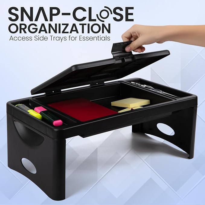 Loddie Doddie Lap Desk, Folding Desk, Bed Table, Black, 9.75"x12" | Built-In Storage with 2 Trays & Pocket, Bed Desk, Easy 2 lb Carry, Car Seat Tray for Travel, Portable Desk, Tucks Under Bed