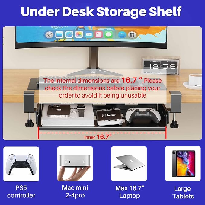 BYMECOST No Drill Under Desk Laptop Mount, Metal Under Desk Storage Shelf | Laptop Storage Tray for Macbook, Mac Mini, Controllers and Cables, Anti-scratch Silicone, fits Office, Gaming, Workstations