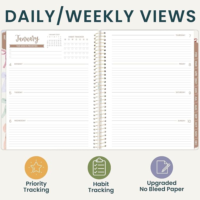 bloom daily planners 2027 Planner for Women (8.5" x 11") - Weekly & Monthly Calendar Year (January to December) Softcover Agenda Book Organizer with Stickers & Stencil - Bows