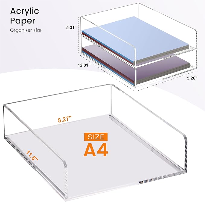 HeZone Paper Organizer Letter Tray,Acrylic Desk Organizer,Clear File Organizer for Desk,Stackable Paper Tray for Documents,A4 File Paper,Book,Bills, Crafts,Notes for Office/Classroom/Home Organization