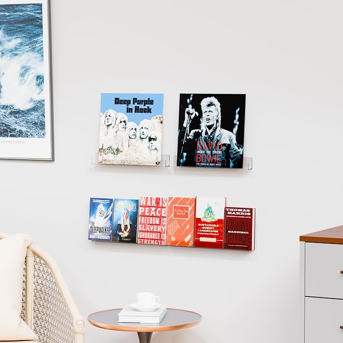 4 Pack Vinyl Record Wall Display,15" Acrylic Invisible Floating Bookshelf for Kids Room,Clear Wall Mounted Hanging Book Shelves,Modern Picture Ledge Display and Album Vinyl Wall Mount Shelf
