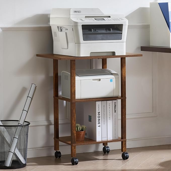 YUFAM 3 Tier Home Printer Stand with Storage, Brown | Wooden Mobile Printer Table Shelf, Rolling Printer Cart Shelf with Lockable Wheels fit Fax Machine, Scanner