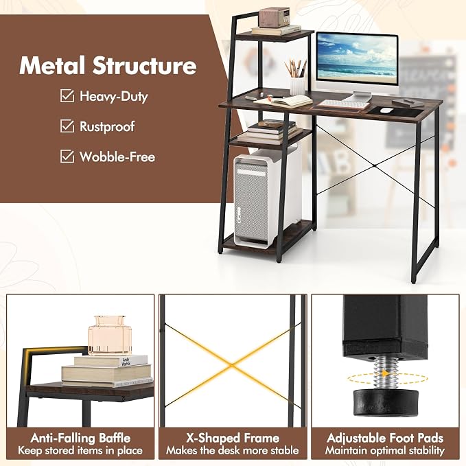 Giantex Computer Desk with Shelves, 47.5” Home Office Desk with Bookshelf, Host Stand, Metal Frame, PC Laptop Workstation, Modern Study Writing Desk for Bedroom, Small Space (Rustic Brown & Black)