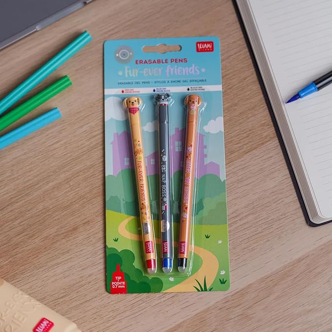 LEGAMI Fur-ever Friends + Farm Sweet Farm Set of 7 Erasable Gel Pens with Heat Sensitive Ink, Coloured Ink and Animal Theme Designs, 0.7mm Tip, Dogs and Farmyard Animals