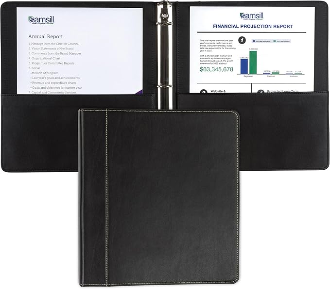 Samsill 1 Inch 3 Ring Binder, Leather, Black with Contrast Stitching, 8.5X 11 Inch, 3 Rings, Notebook Binder, Portfolio Organizer, Planner, Journal