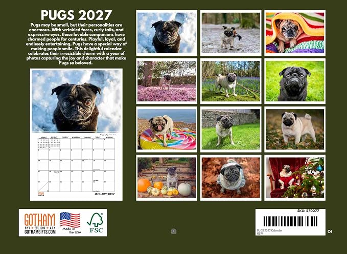 Pug Calendar 2027 Monthly Wall Calender 12 Month