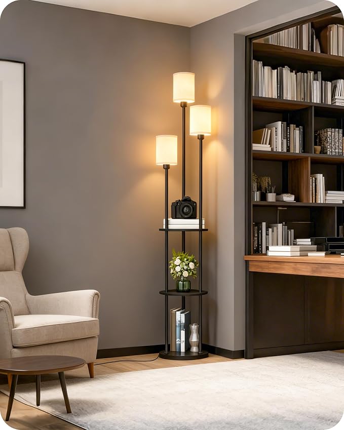 Floor Lamp with Shelves, Modern Floor Lamp with 3 Linen Shades and Foot Switch, 3-Light Standing Lamp, for Living Room, Bedroom, Study, Office, Black and Beige E53LD05