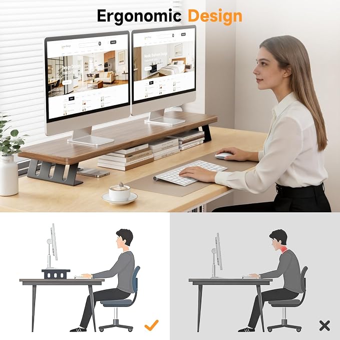 Dual Monitor Stand Riser, 39 Inch Large Wood Monitor Stands for 2 Monitors | Desk Monitor Riser for Computer/Laptop/Printer/TV, Stand Riser up to 220 lbs