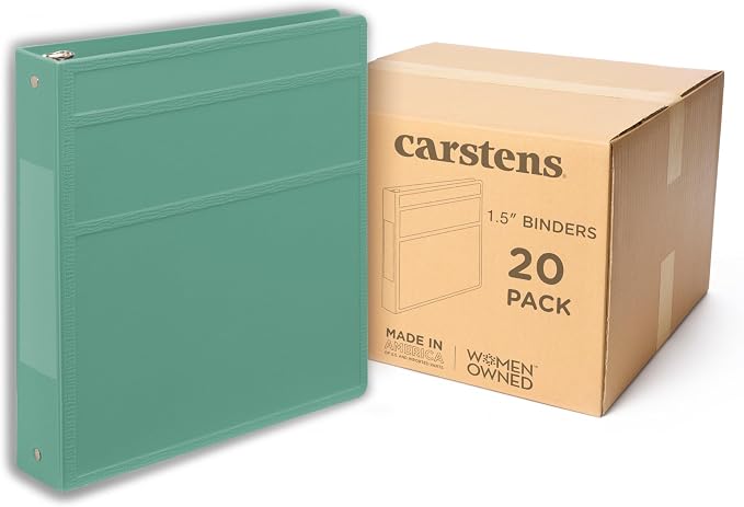 Carstens 1.5-Inch Heavy Duty 3-Ring Binder - Side Opening, Mint, Durable Plastic, No-Gap Rings, Waterproof Covers, No Pockets, Holds 250 US Letter Sheets, BPA-Free, Made in USA (2040-3R), Case of 20