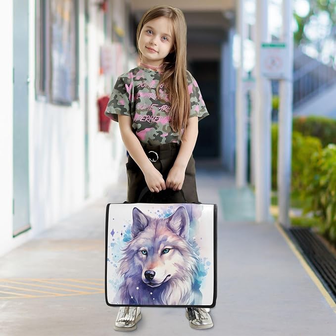 Wolf Watercolor 3 Ring Binder Bag 1.5 inch Binder Organizer with Zipper Shoulder Strap 500 Sheet Documents Storage for School Office