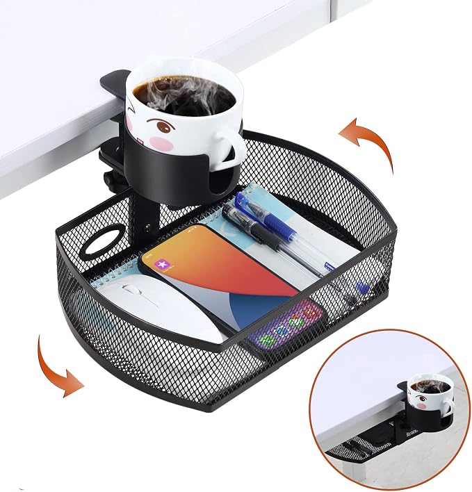 MASTLU Under Desk Organizer,Cup Holder,Table Management Tray, Swivel Pencil Drawer, Office No Drill Steel Organizers,360 Spin Hidden Storage Box with Sturdy C-Clamp,Easy Install (Black)